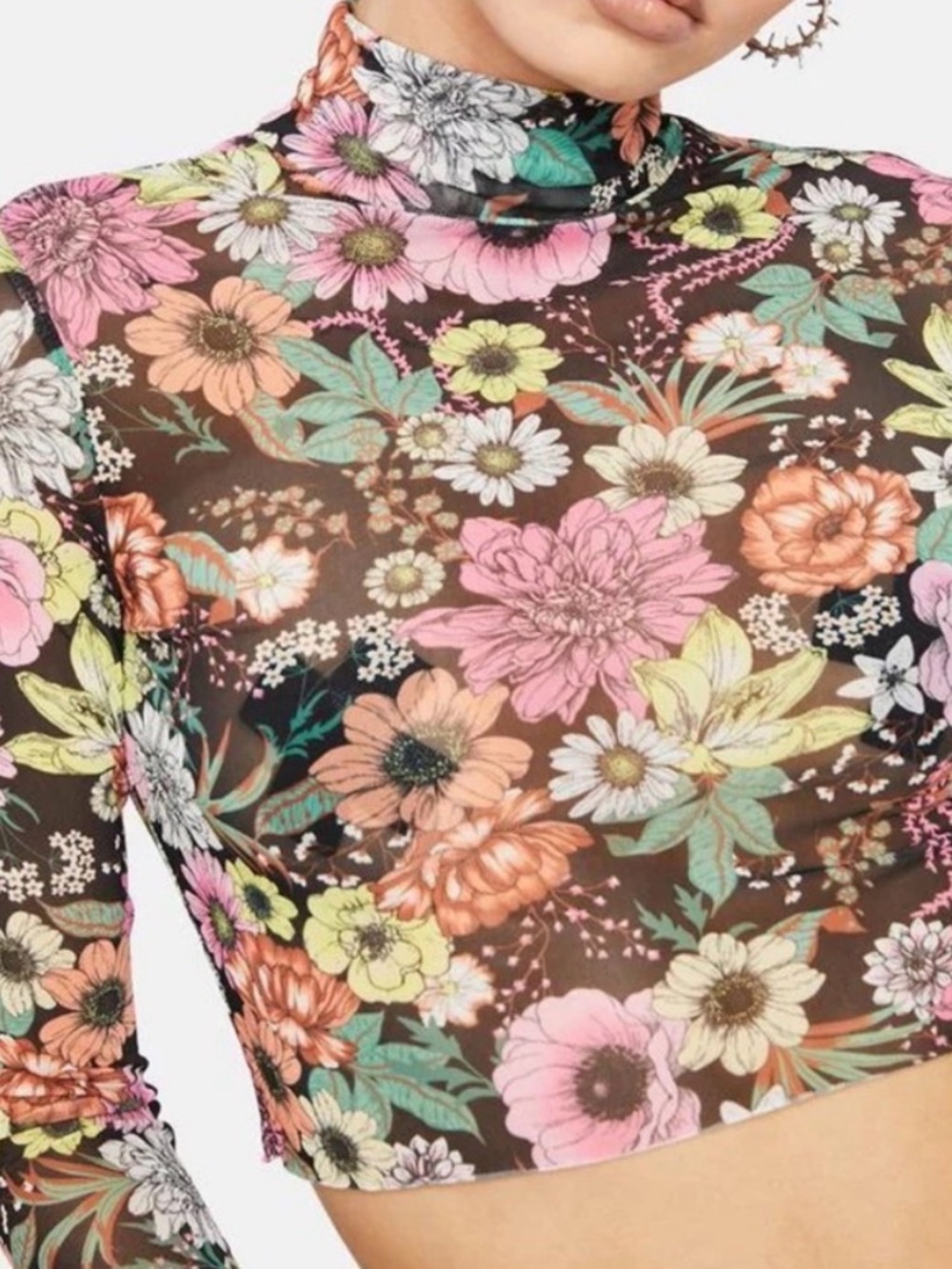 AFRM Floral Mesh Long-Sleeve Crop Top in Brown Multi